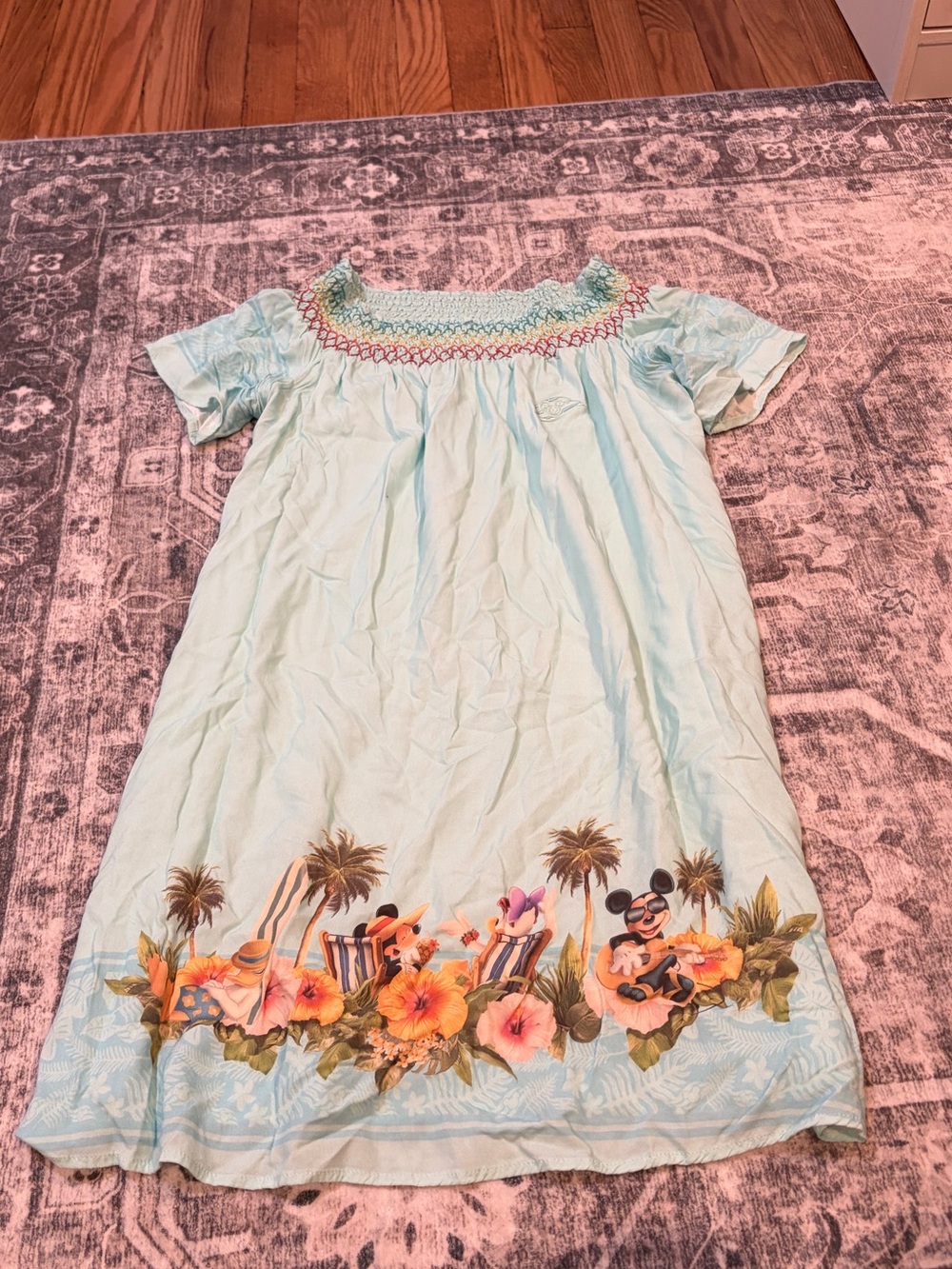 Light Aqua Tropical Midi Dress with Smocked Neckline